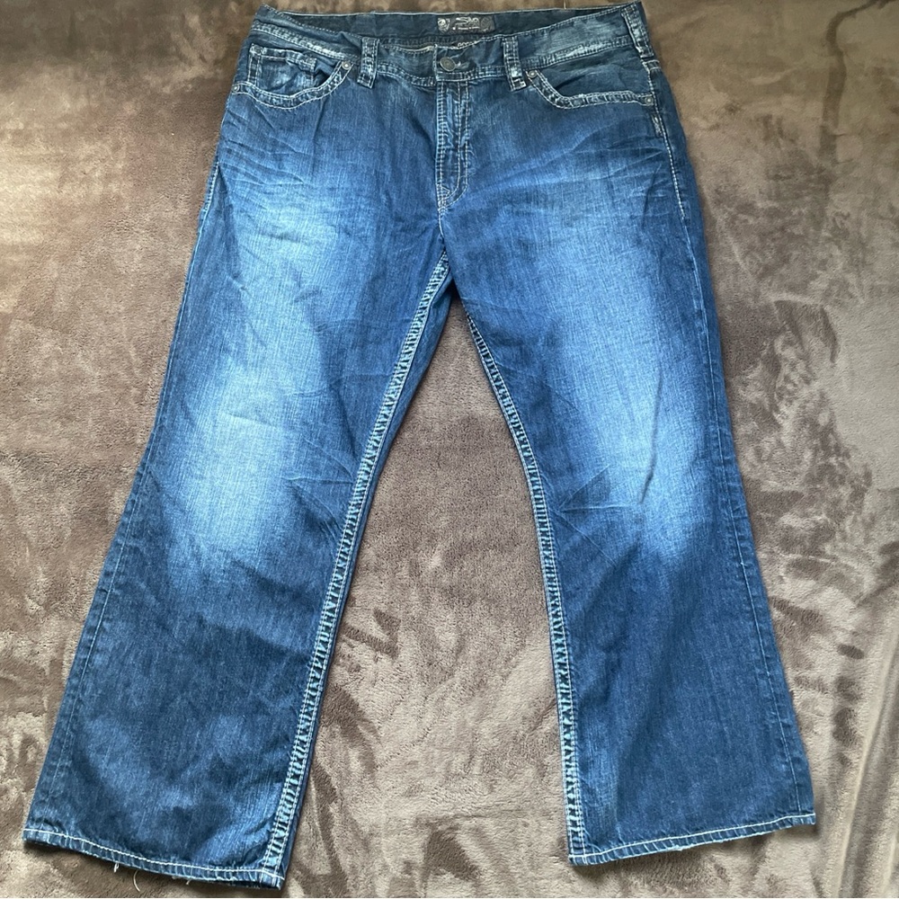 Silver Gordie Jeans Mens 42x30 Blue Straight Leg Embroidered Stretch Denim